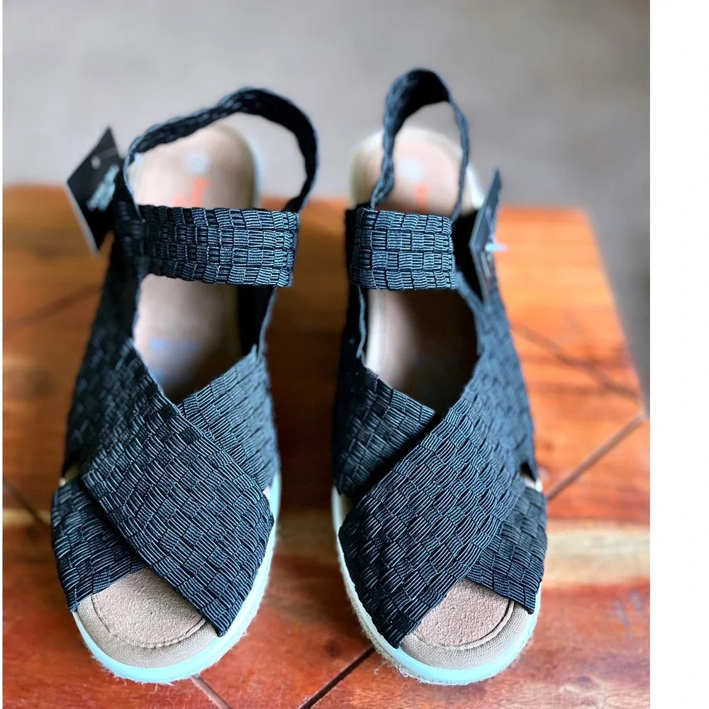 Bernie Mev Espa Buttercup Black Woven Elastic Espadrille Wedge Sandals Size 37/6